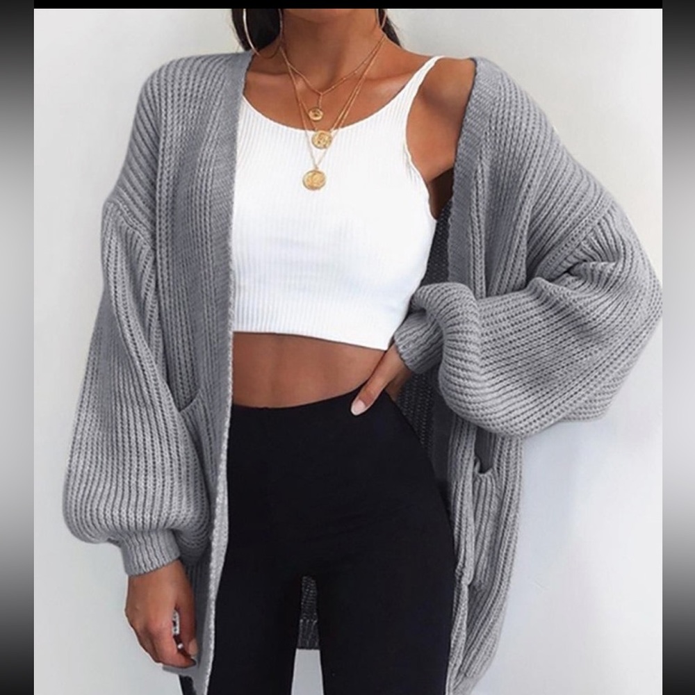 grey cardigan